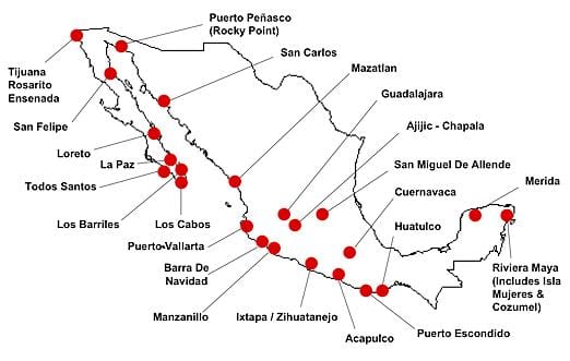 mapa Meksiko destinacija